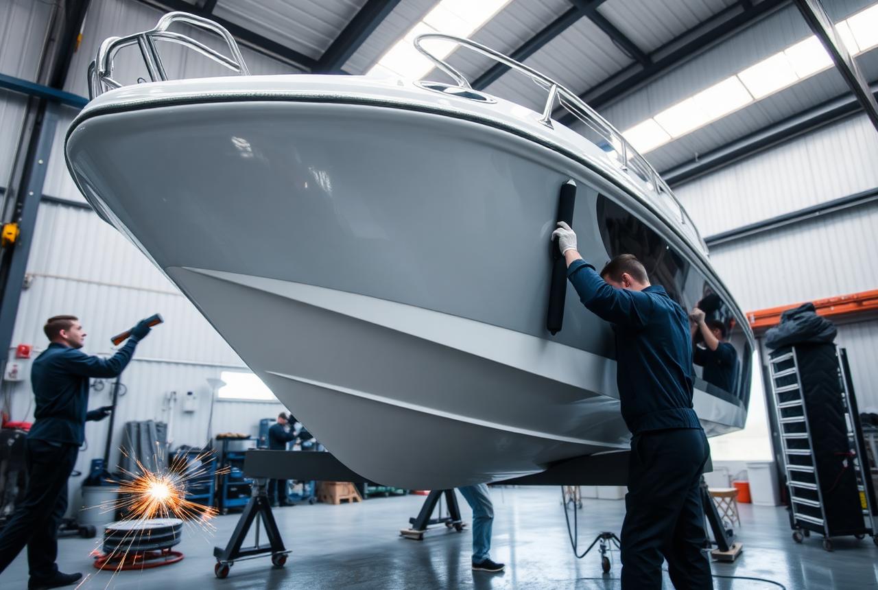 Técnicos polindo o casco de uma lancha no galpão da Ideal Marine